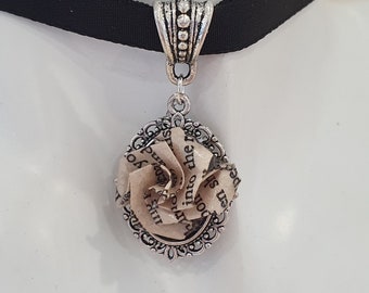 Literary Rose Choker – Upcycled Book Page Origami Pendant, Black Velvet Ribbon Necklace