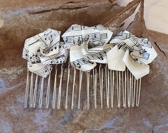 Vintage rose comb, quirky hair accessories, origami sheet music paper gift for musician singer teacher, eco-friendly paper anniversary idea