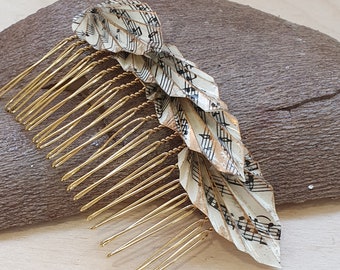 Sheet music hair comb, recycled vintage sheet music haircomb, eco friendly gift, upcycled hair accessories, leaf hair comb nature inspired