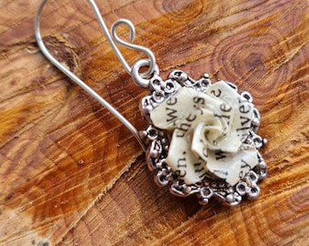 Victorian Origami Rose Earrings, Book Page Art, surgical steel or sterling silver hooks