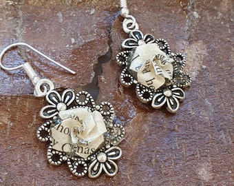 Handmade Little Women book lover earrings for her. Victorian style recycled paper first anniversary gift. Literary jewellery Artisan