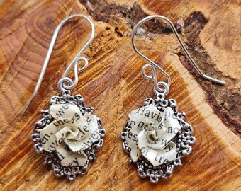 Jane Eyre Recycled Book Page Dangle Earrings, Victorian Origami Roses, Literary Gift