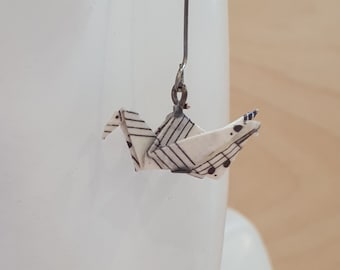 Recycled paper earrings, origami crane earrings, music lover gift, sheet music gift, recycled paper jewellery, paper anniversary, vintage