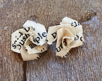 Tiny Book Page Rose Stud Earrings, Literary Gift, Upcycled Jewelry