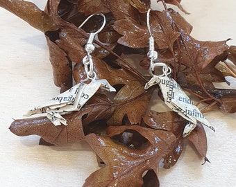 Origami Raven Earrings: Upcycled Book Paper, Sterling Silver Hooks, Gothic Literature Jewelry