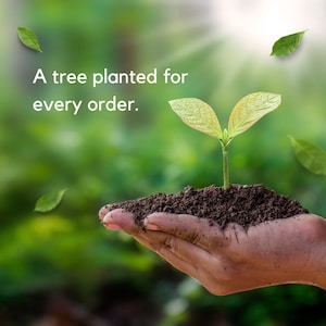 Op de afbeelding: Een hand houdt een kleine groene plant vast met twee bladeren die uit donkerbruine aarde groeien. De achtergrond is wazig en groen. De tekst "A tree planted for every order." staat in de linkerbovenhoek van de afbeelding.