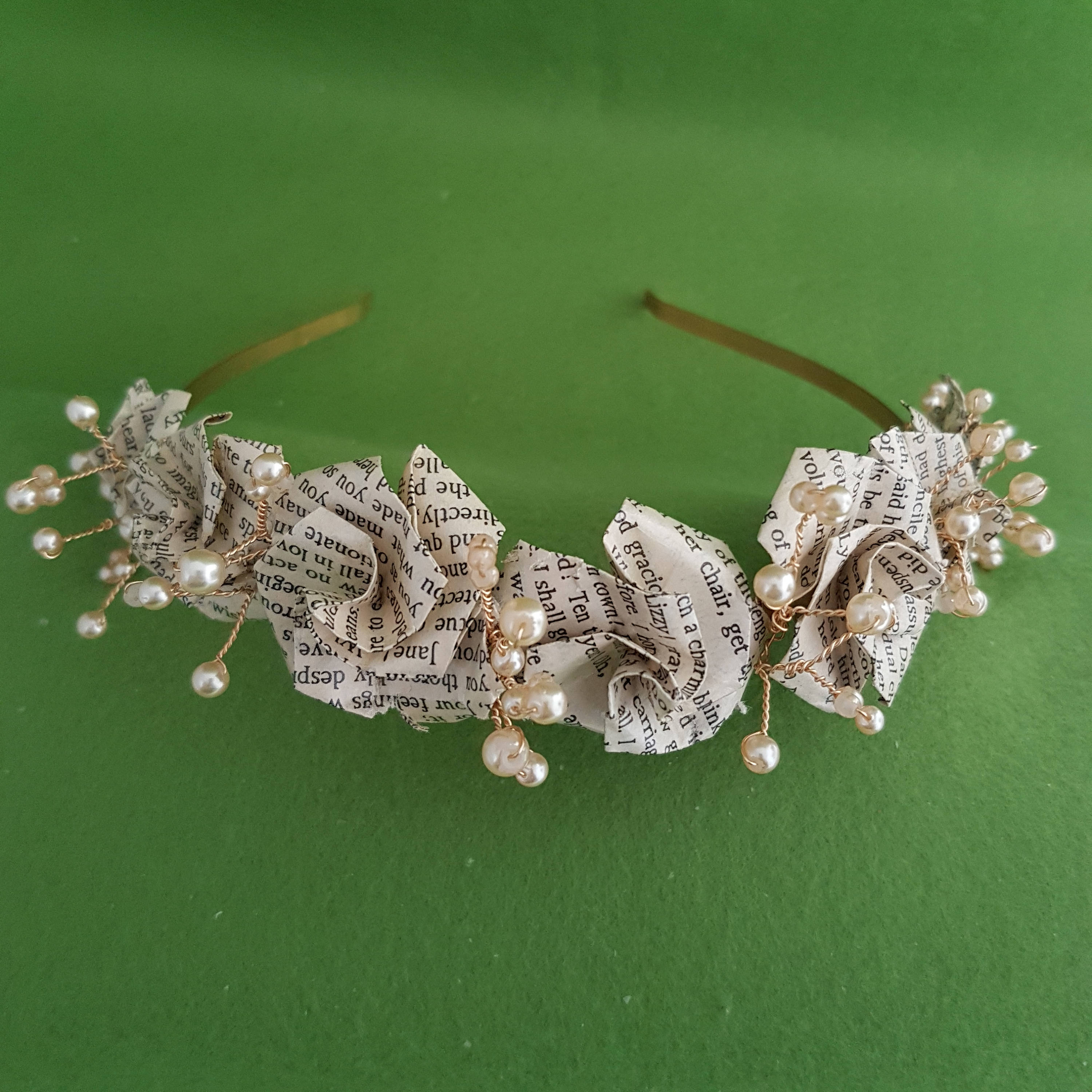 Recycled book paper rose flower hair crown tiara with vintage Etsy