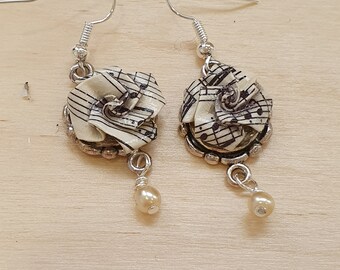 Vintage paper and pearl jewellery, recycled music earrings, handmade eco-friendly jewelry, Victorian style earrings, gift for musicians