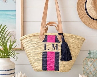 Large Hand-made Personalised Straw Beach Basket with Stripes