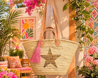 Large Hand-made Straw Beach Basket Bag with Star