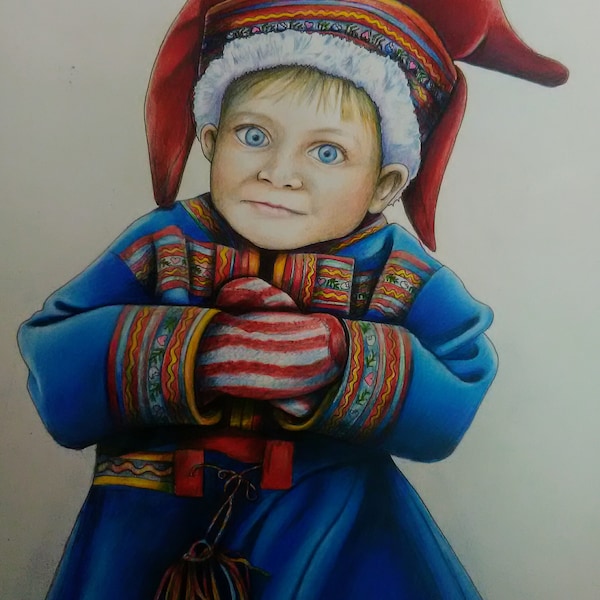 Child Of The North  by ELLEN WALKER Art Print A4,A3,A5 Saami Lapland Finland Native traditional costume blue eyes children
