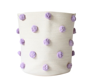 Panier à linge, panier à linge à pompons violet lilas - panier de chambre de bébé, rangement pour le linge, panier en corde de coton, panier à pompons pour enfants, rangement