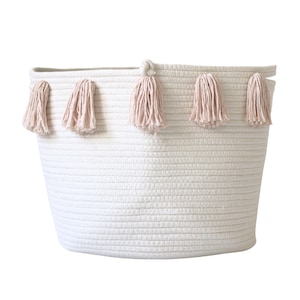 Blush Pink Tassel Basket LARGE Baby nursery Rope Basket Blush, Pink, Nursery Decor, Home Organization Baby girl, nursery basket image 1