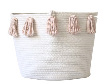 Blush Pink Tassel Basket - LARGE - Baby nursery - Rope Basket - Blush, Pink,  Nursery Decor, Home Organization - Baby girl, nursery basket