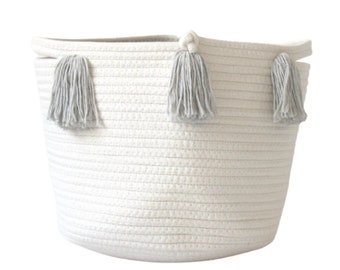 Gray Tassel Basket MEDIUM - Rope Basket - Light Gray, light grey, baby nursery, Home Organization - Playroom, Baby Room, baby shower, basket