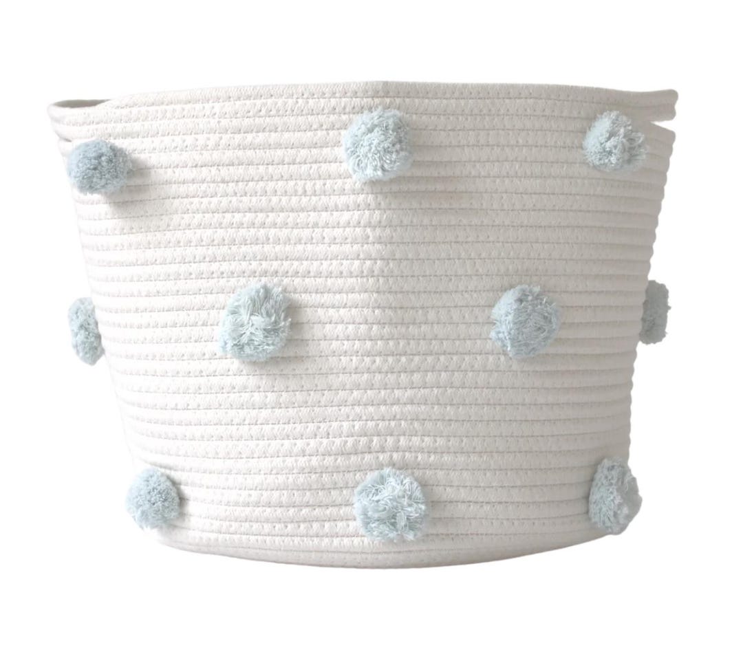 Large Cotton Rope Basket: Light Blue Poms, Boho Nursery Storage - Etsy