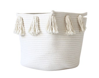 Natural Tassel Basket - LARGE - Baby Hamper - Rope Basket - Cream, off-white,  Nursery Decor, Organization - girl, boy, nursery, Toy storage