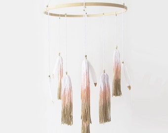 Baby Mobile - Boho Tassel Mobile - Nursery Decor, Woodland Nursery, Boho, Bohemian - Gold, Peach, Pink.