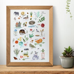 May include: A colourful illustrated print featuring various objects and animals, including a house, a bicycle, a bird, a hedgehog, a pineapple, a ladybug, a butterfly, a duck, a mushroom, a pomegranate, a snail, a squirrel, a cat, a flower, a leaf, a tree, and a bagel. The print is titled "Notes de Provence".
