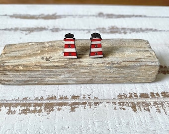 earrings wood lighthouse, maritime, striped in red and white