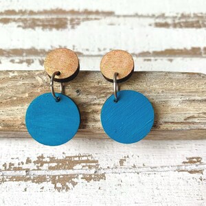 wooden round statement earrings - round dangle earrings - colorful circle earrings - graphic earrings - teal blue - gold