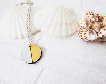 Halskette mit Kreis-Anhänger aus Holz, geometrisch, silber, gold