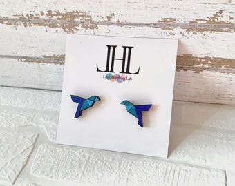 Origami bird stud earrings made of wood - Origami bird earrings - Crane earrings