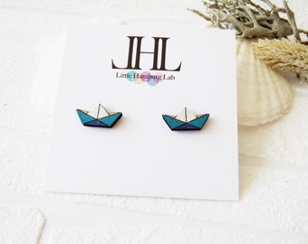earrings wood origami boat, paper boat, teal, white