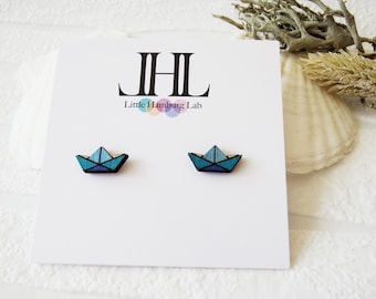 wooden origami boat earstuds — paper boat earrings — folding boat earstuds — nautical jewelry — turquoise