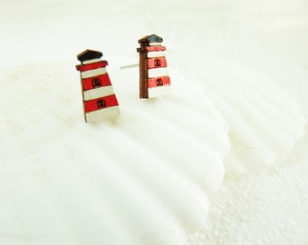 earrings wood lighthouse, maritime, striped in red and white