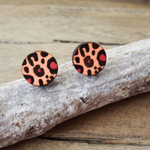 earrings wood leo, leo print, animal print, neon orange, black
