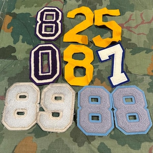 Pode incluir: Uma coleção de oito números de feltro em várias cores e estilos. Os números incluem 8, 25, 0, 8, 7, 89, 88 e 88. Os números são todos de tamanhos e formas diferentes.