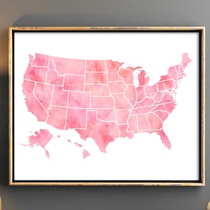 Große rosa Aquarell Karte der Vereinigten Staaten, 50 Staaten Raum Wand Kunst, Alle Staaten Aquarell digitaler Download, Reise Raum Dekor