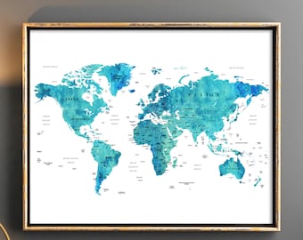 Blue Watercolor World Map Print with Countries (Digital Download)