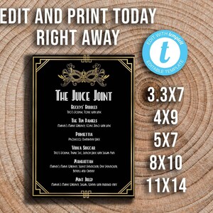 May include: A printable digital template for a cocktail menu with a black background, gold accents, and a masquerade mask. The menu lists cocktails with names like "Becky's Bubbles", "The Tin Bankers", "Pomettia", "Videa Sogear", "Manhattan", and "Joint Help". The template is available in various sizes, including 3.3x7, 4x9, 5x7, 8x10, and 11x14 inches.
