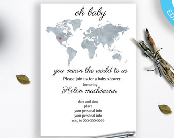 Travel Baby Shower Invitation, Adventure awaits Invite, Welcome to the world invite,  You  mean the world invite, Editable Download Template