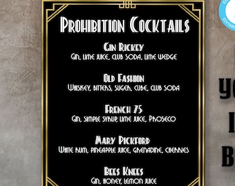 DIY Prohibition Drink Menu template, 8x10 Prohibition cocktails menu template, DIY Roaring 20s, 1920s decoration, Prohibition party, Digital