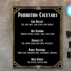 DIY Prohibition Drink Menu template, 8x10 Prohibition cocktails menu template, DIY Roaring 20s, 1920s decoration, Prohibition party, Digital