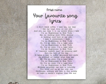 Custom Song Lyrics, Printable Lyric Poster, Music Poster, Custom Music Wall Art, Custom poster, Custom sign, Custom watercolor art gift