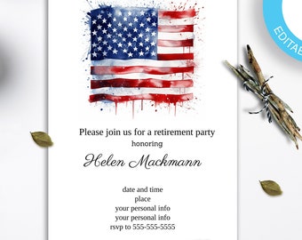 American flag retirement party invitaion,  Military retirement invite, Editable patriotic invitation, Veterans Day Invitation, Digital file