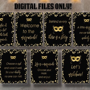 Masquerade Party Signs: Black & Gold Confetti Decor (Digital Download)