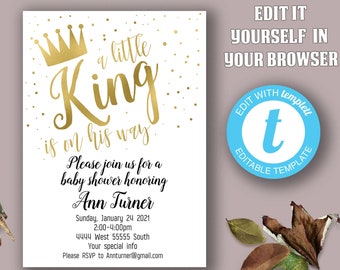 Editable royalty invitation, Royal theme baby shower invitations, Gold little King invitation, INSTANT DOWNLOAD, Digital File