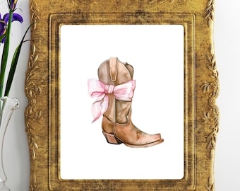 Pink Bow and cowbow boots poster,  Cowgirl Decor Art, Coquette Wall Art Decor, Watercolor pink bow poster digital download 11x14 and 8x10