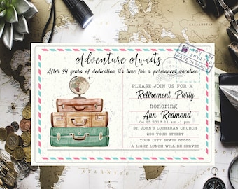Travel retirement celebration invite Adventure Awaits Retirement party invite Surprise retirement Travel invitation Suitcase invitation
