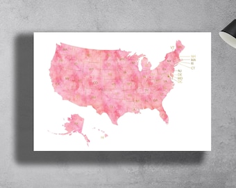 Blush Pink USA Map: Gold State Names, Watercolor Art (Digital Download)