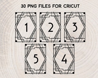 Gatsby Art Deco Tischnummern: Goldene 20er Hochzeit (PNG für Cricut)