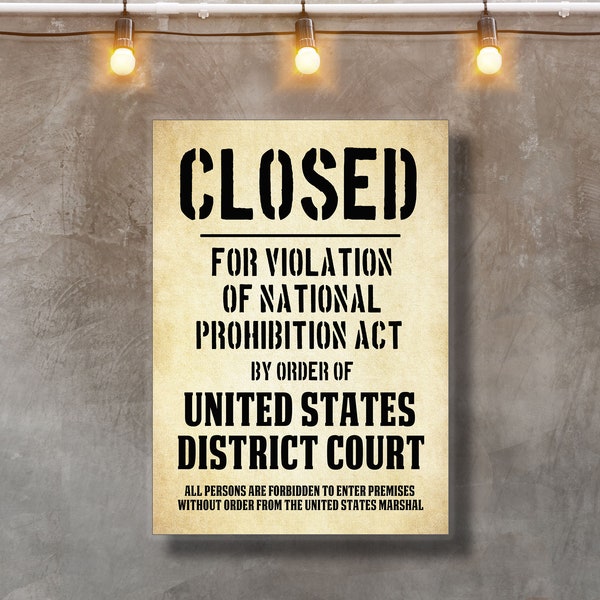 Closed for violation of national prohibition act, Retro sign, Gangster 20s sign decorations, Murder party decor, Speakeasy decorations