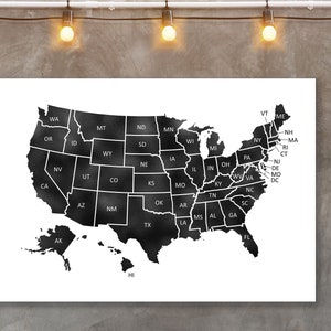Schwarze Karte der Vereinigten Staaten, US-Karte, Alle Staaten USA Map, US-Karte mit Abkürzung, USA-Karte Poster, Bürodekoration - Digitaler Download