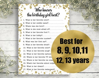 Who Knows the Birthday Girl Best Game, Teen Birthday Games, 11 birthday game, 12 years, 13 years, Birthday Games, Printable Game