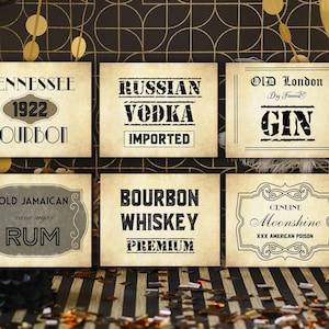 Juego de 6 etiquetas de piratas para fiestas de la Prohibición, decoración de bares clandestinos, etiquetas de piratas de los años 20, decoraciones de bodas de Gatsby, decoración retro